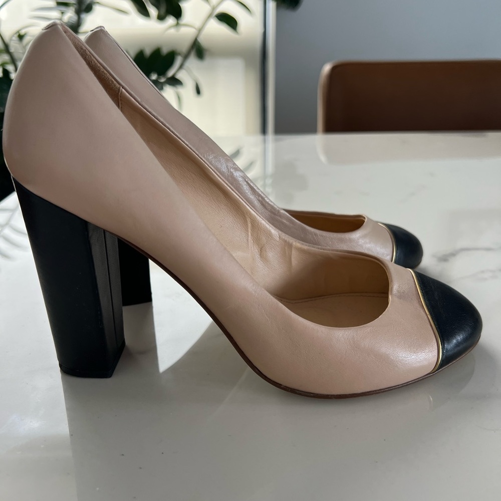 Vintage J. Crew Cream and Black Toe Cap Leather Block Heels, Size 8.5